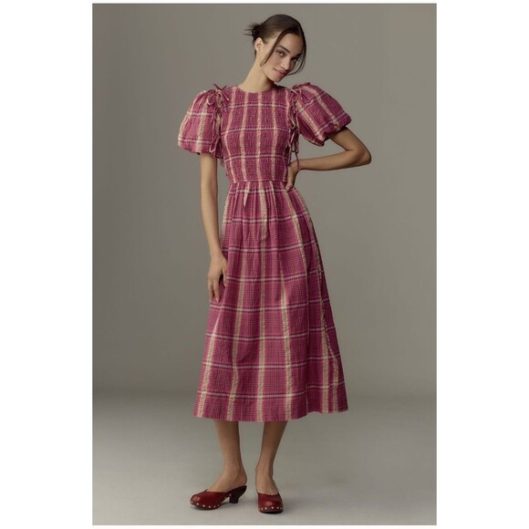 Damson Madder Becca Removable Sleeve Midi Dress Sz16 Pink 100% Organic Cotton